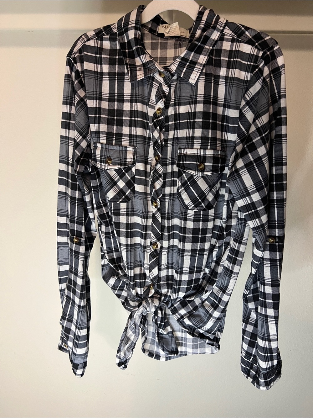 Plaid Button-Front Tie Hem Shirt - Black & White